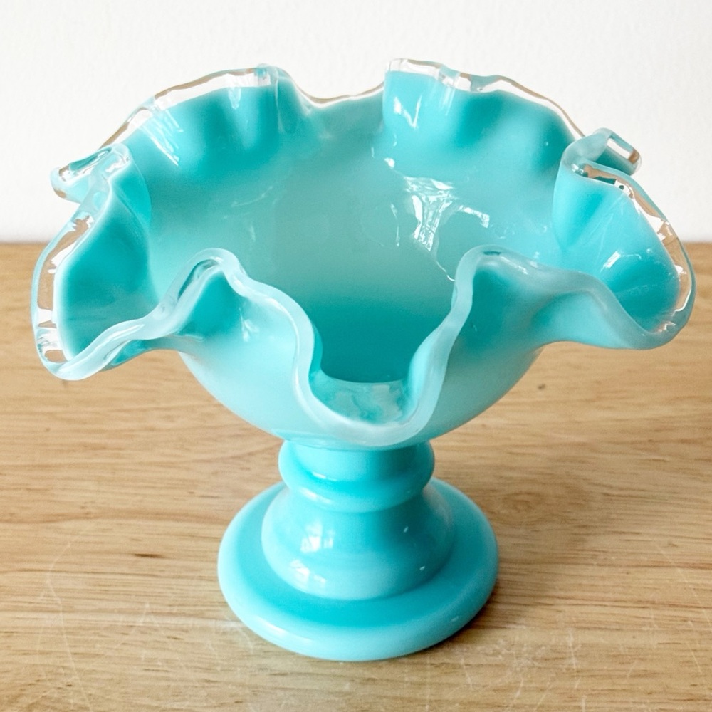 Vintage Fenton Silver Turquoise Crest Crimped Compote MCM Pedestal Bowl - Picture 3 of 16